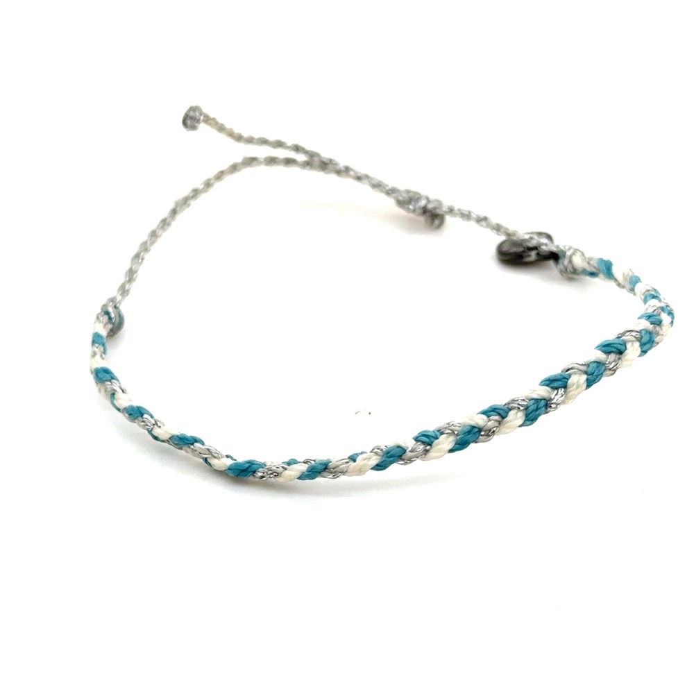 Pura Vida Braided Cord Bracelet Teal White Silver Adjustable Beach Jewelry